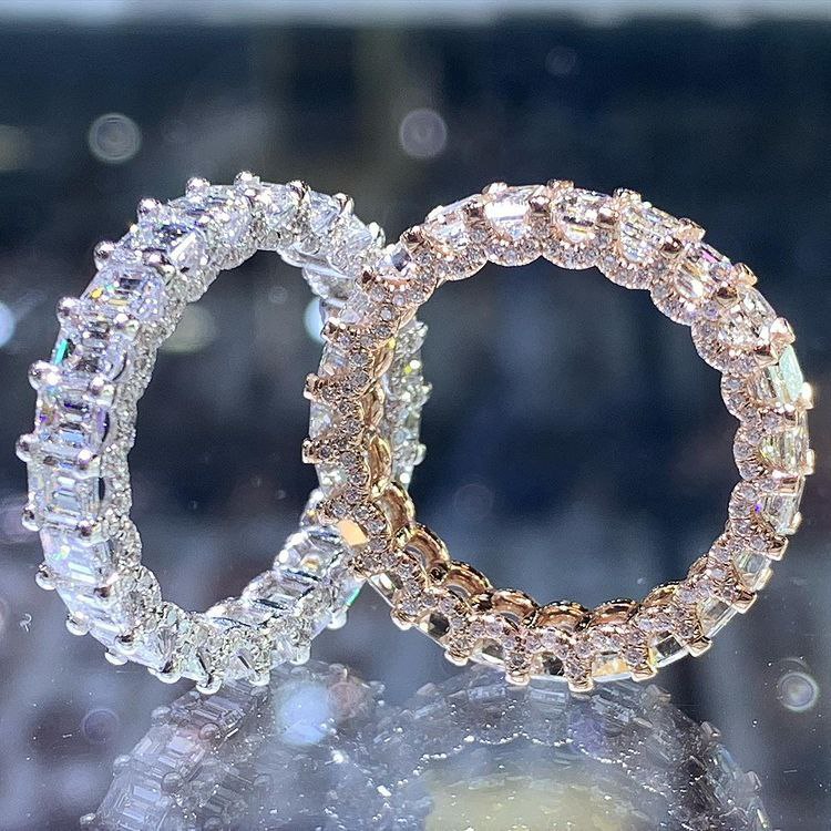 Diamond Eternity Rings with Emerald & Oval Halos